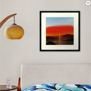 Gemaelde-Sonnenuntergang-im-Meer-gemalt-auf-Holz-Gerahmter-Kunstdruck-von-Anke-Franikowski