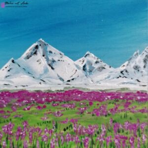 Berge und Blumenwiese gemalt mit Acryl auf Holz