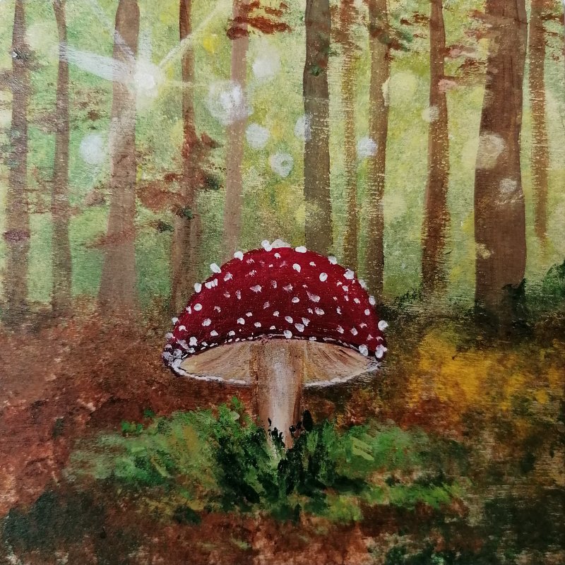 Fliegelpilz im Sonnenlicht, Acrylbild auf Holz