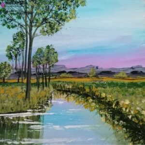 Schöne Landschaft mit Spiegelung im Fluss gemalt mit Acryl auf Holz