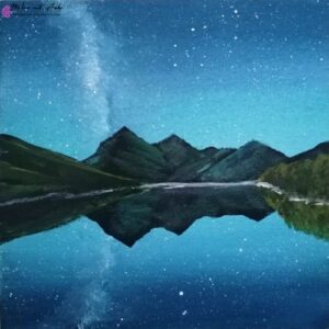 Milchstraße über dem See gemalt mit Acryl auf Holz