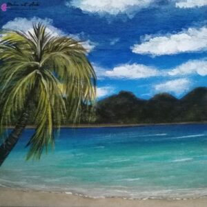 Karibik-Feeling: Palme am Meer, gemalt mit Acryl auf Holz