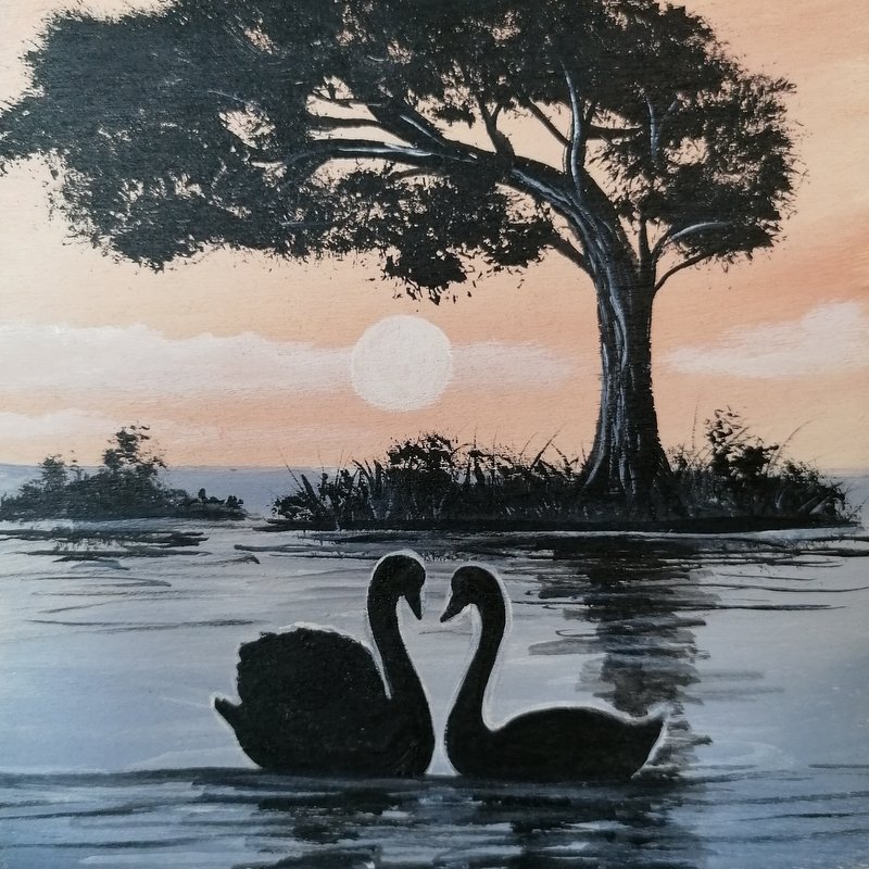Verliebte Schwäne im Sonnenuntergang, Acrylbild auf Holz