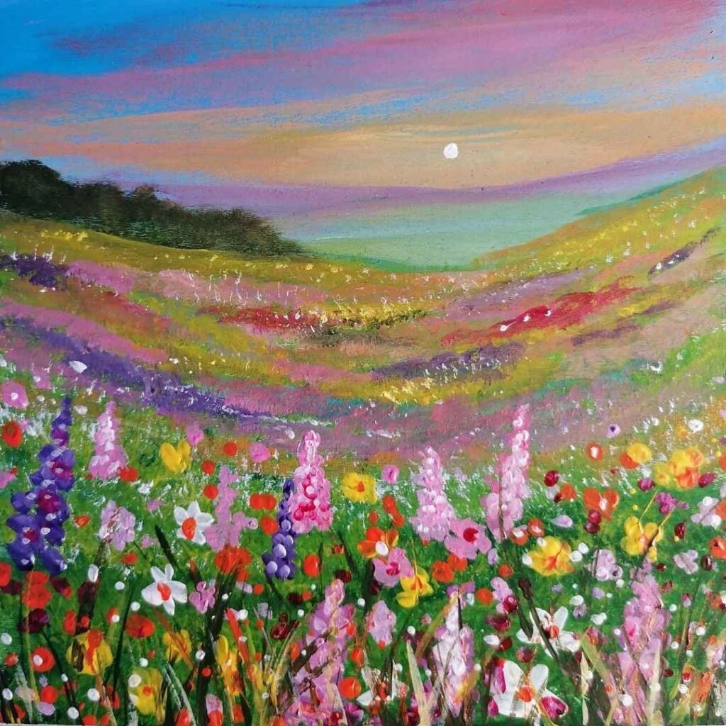 Bunte Blumenwiese Gemälde zu verkaufen - Acrylmalerei von Anke