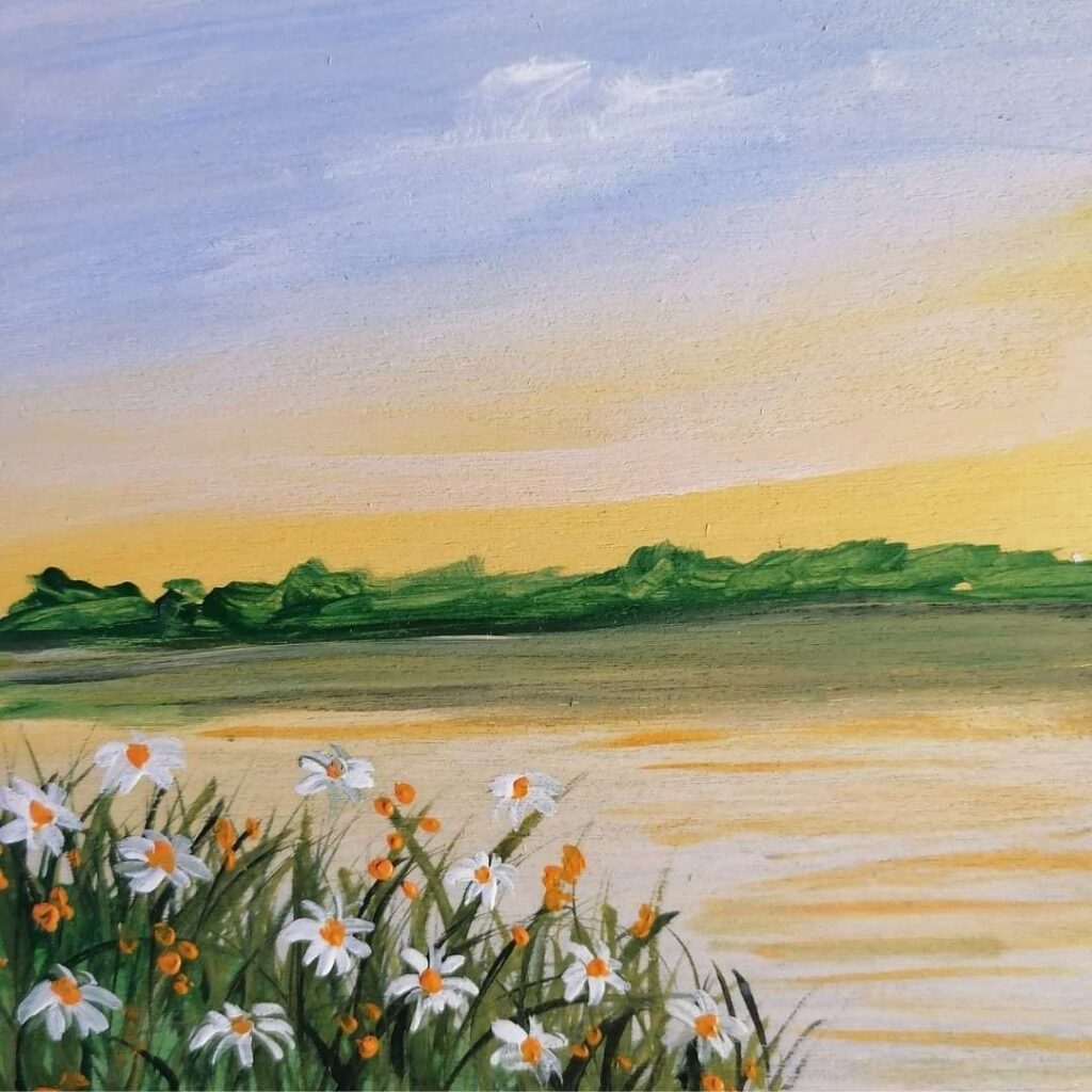 Gänseblümchen am See Gemälde zu verkaufen - Acrylmalerei von Anke