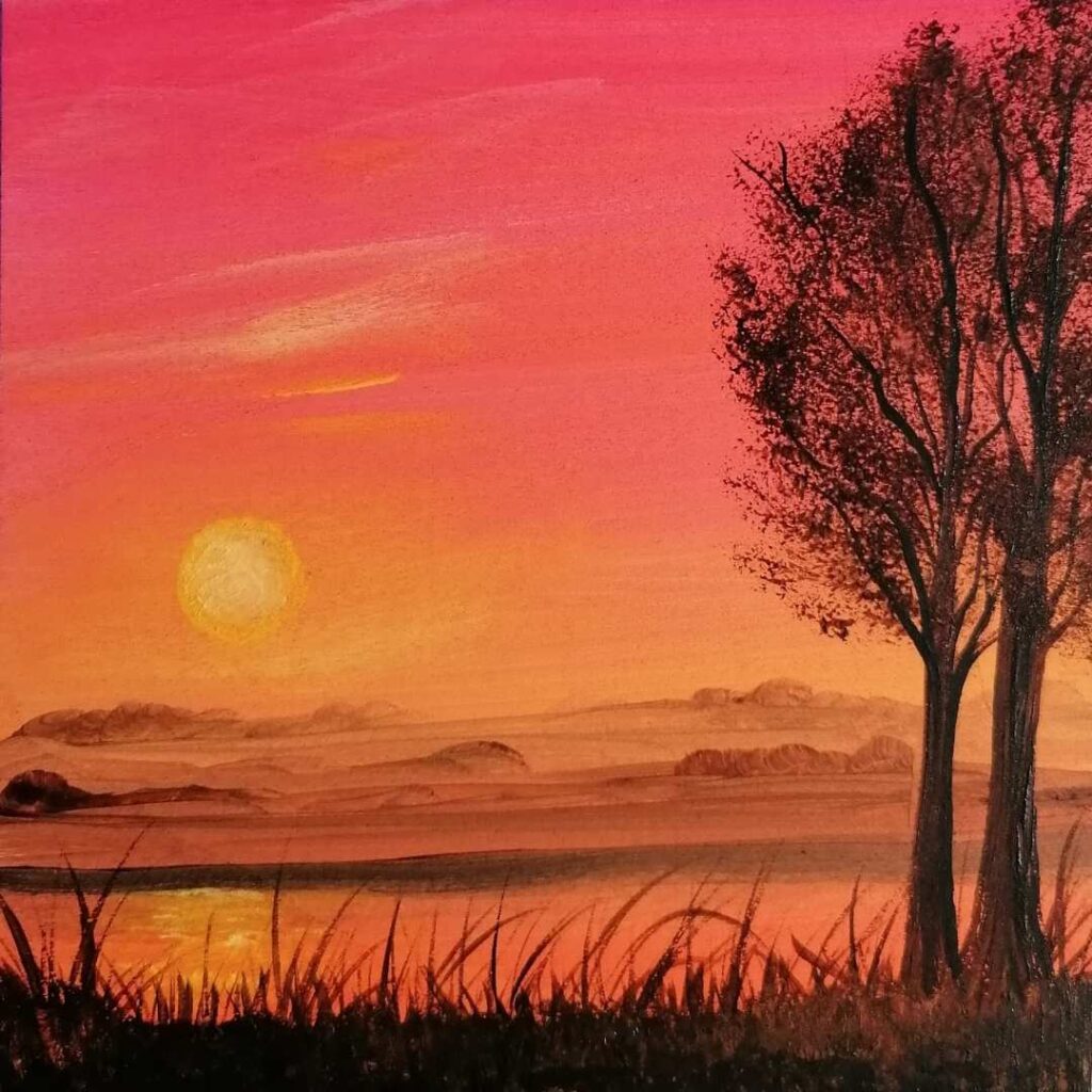 Sonnenuntergang am See Gemälde zu verkaufen - Acrylmalerei von Anke