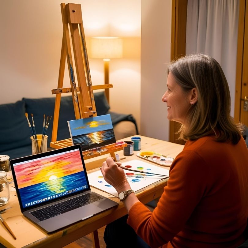 Frau schaut Online Malkurs Malen mit Anke