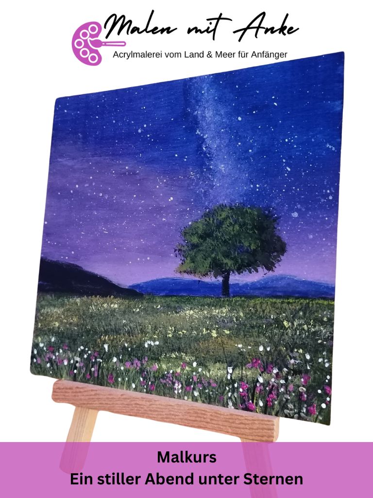 Ein stiller Abend unter Sternen – Acrylbild mit Baum
