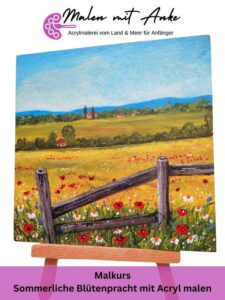 Romantische Landschaft mit Feldern und Zaun und wilden Feldblumen, Malkurs zum Mitmalen