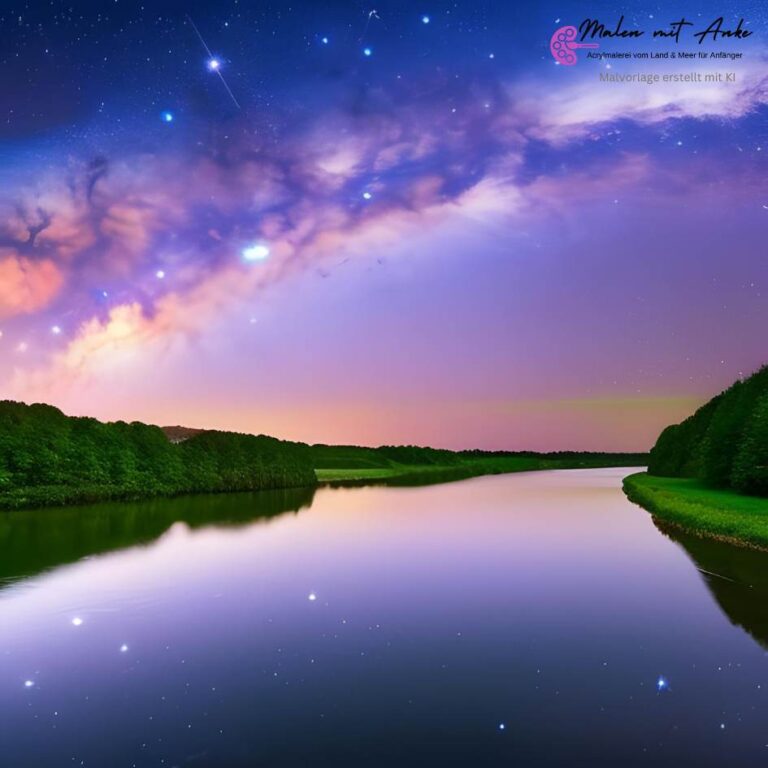 malen mit anke, malvorlage sternenhimmel und spiegelung am fluss