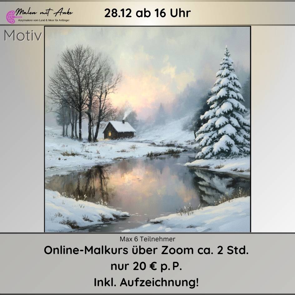 Winterlandschaft mit Haus am Teich mit Acryl malen, Malkurs