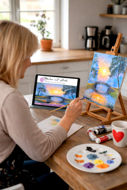 Frau schaut Online Malkurs Malen mit Anke