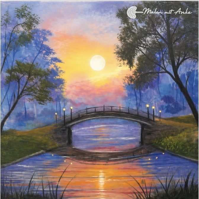 Motiv von Malen mit Anke, Brücke am See mit Acryl malen