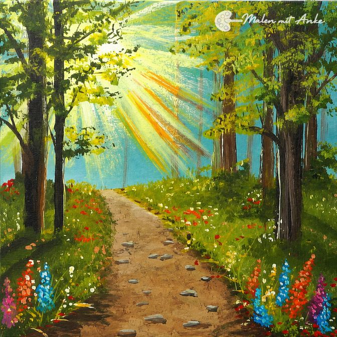 Malen mit Anke, Waldweg im Sonnenlicht - Motiv zum Mitmalen mit Acryl
