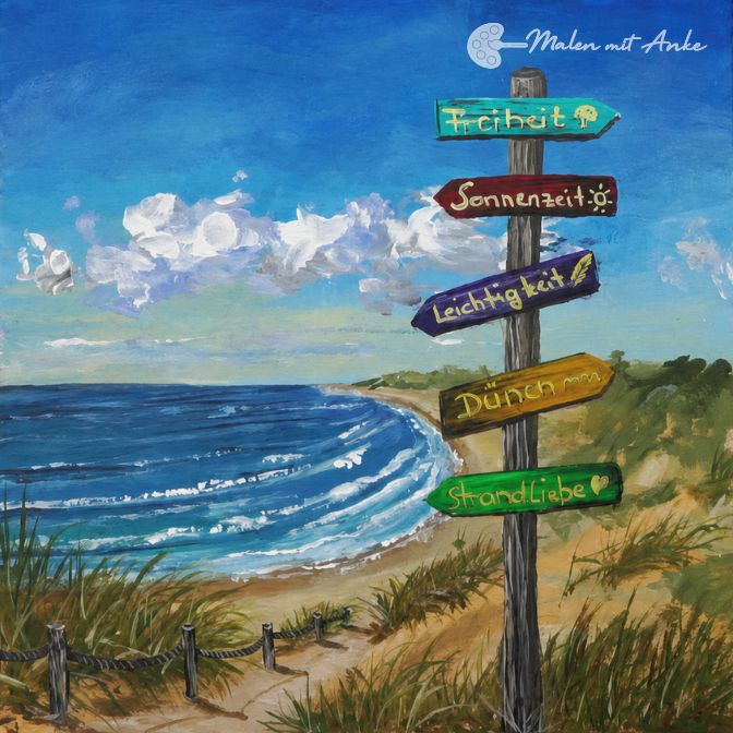 Motiv zum Mitmalen mit Acryl, Wegweiser am Meer am Strand