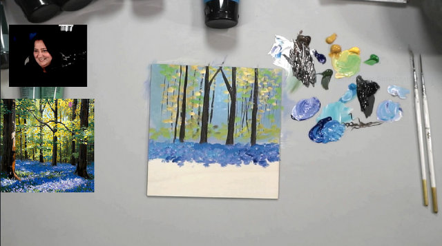 Arbeitsplatz beim Acryl-Malkurs Blauer Blütenwald von Malen mit Anke
