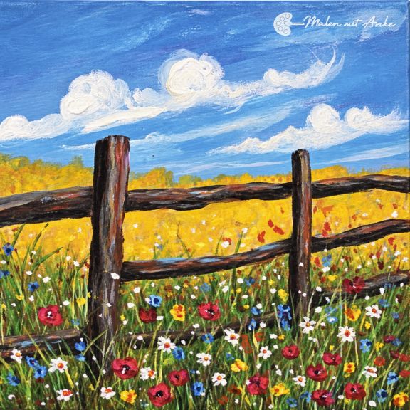 Blumenwiese am Weidezaun mit Acryl malen – Malen mit Anke