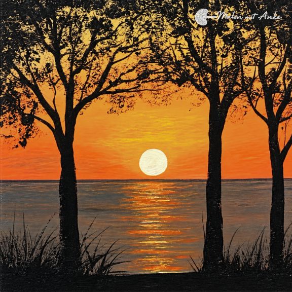 Motiv Sonnenuntergang Bäume und Meer mit Acryl malen