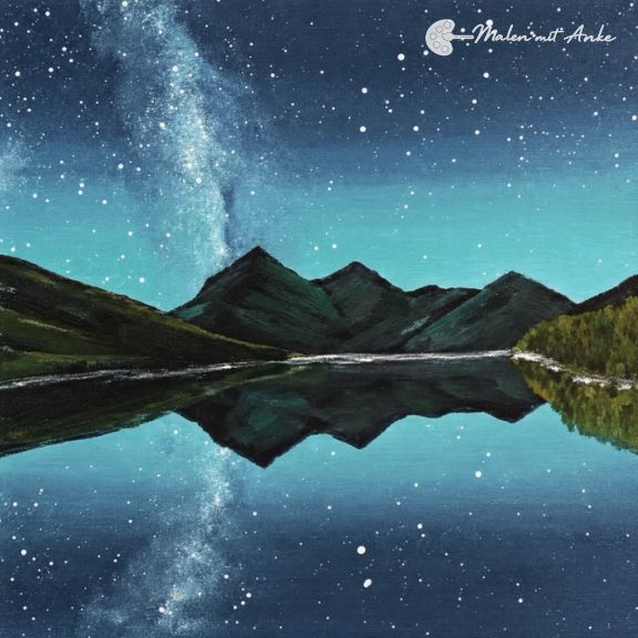 Motiv Sternennacht über stillem Bergsee mit Acryl malen