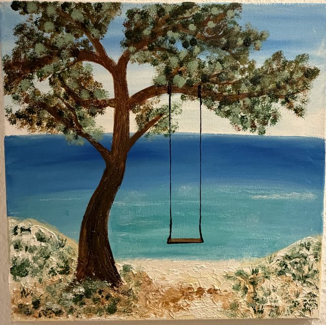 Schaukel am Strand – Acrylgemälde von Antje, mit Strukturpaste gestaltet
