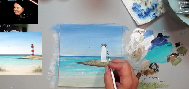 Einblick in den Live-Malkurs Leuchtturm am Meer von Malen mit Anke