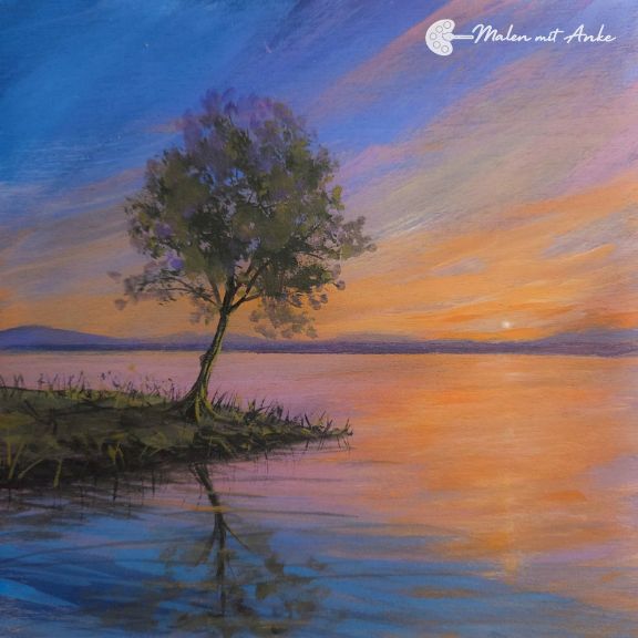 Motiv zum Mitmalen Baum am See mit Acryl malen