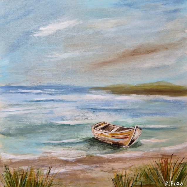 Boot am Ufer – Acrylgemälde von Kirsten