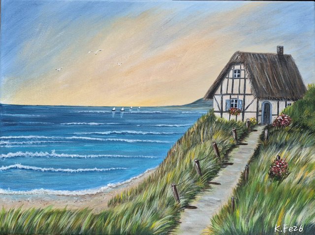 Reetdachhaus am Meer – Acrylgemälde von Kirsten