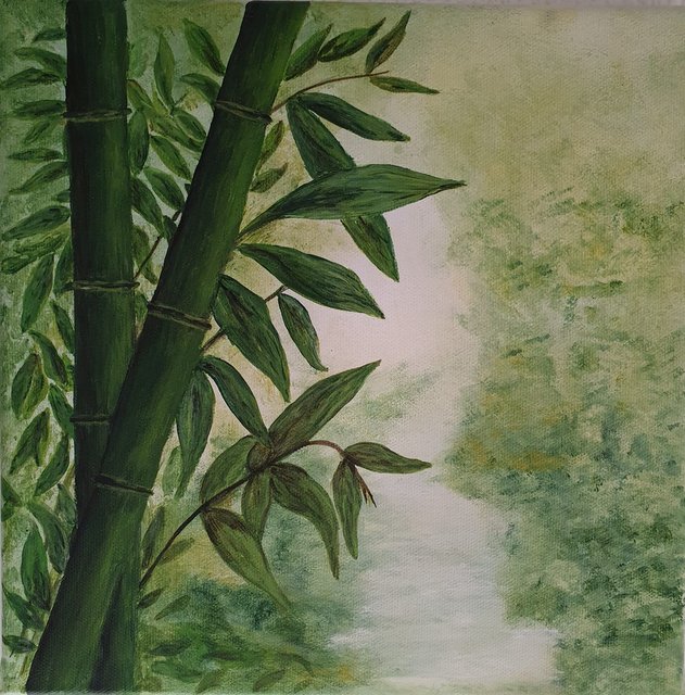 Bambusgarten – Acrylgemälde von Kristin