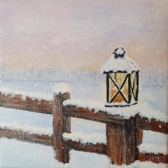 Laterne im Schnee – Acrylgemälde von Kristin