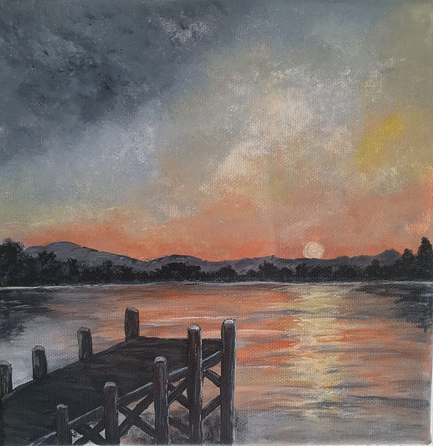Steg am Ufer – Acrylgemälde von Kristin