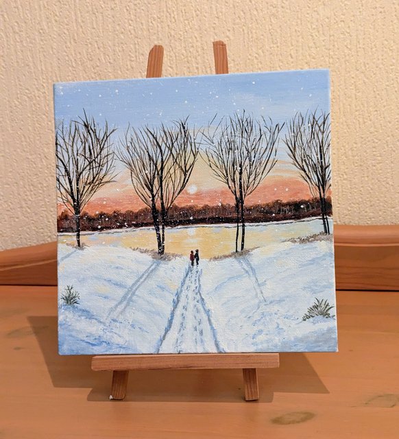 Spaziergang im Schnee – Acrylgemälde von Petra