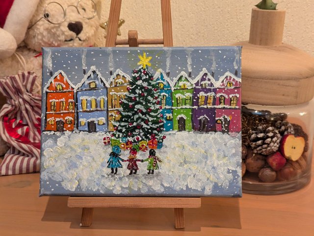 Weihnachten am Dorfplatz – Acrylgemälde von Petra