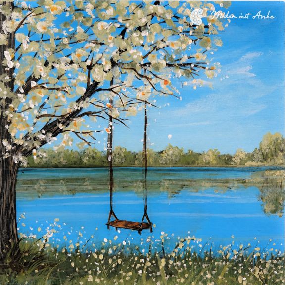 Motiv zum Mitmalen Schaukel am See mit Acryl malen