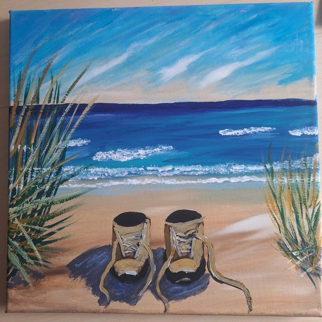 Wanderschuhe am Meer – Acrylgemälde von Susanne